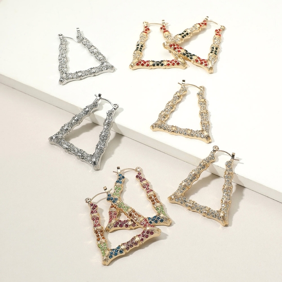 MultiColored Bamboo Door Knocker Earrings Trendy Crystal Rhinestone Hoop Jewelry - Picture 5 of 5